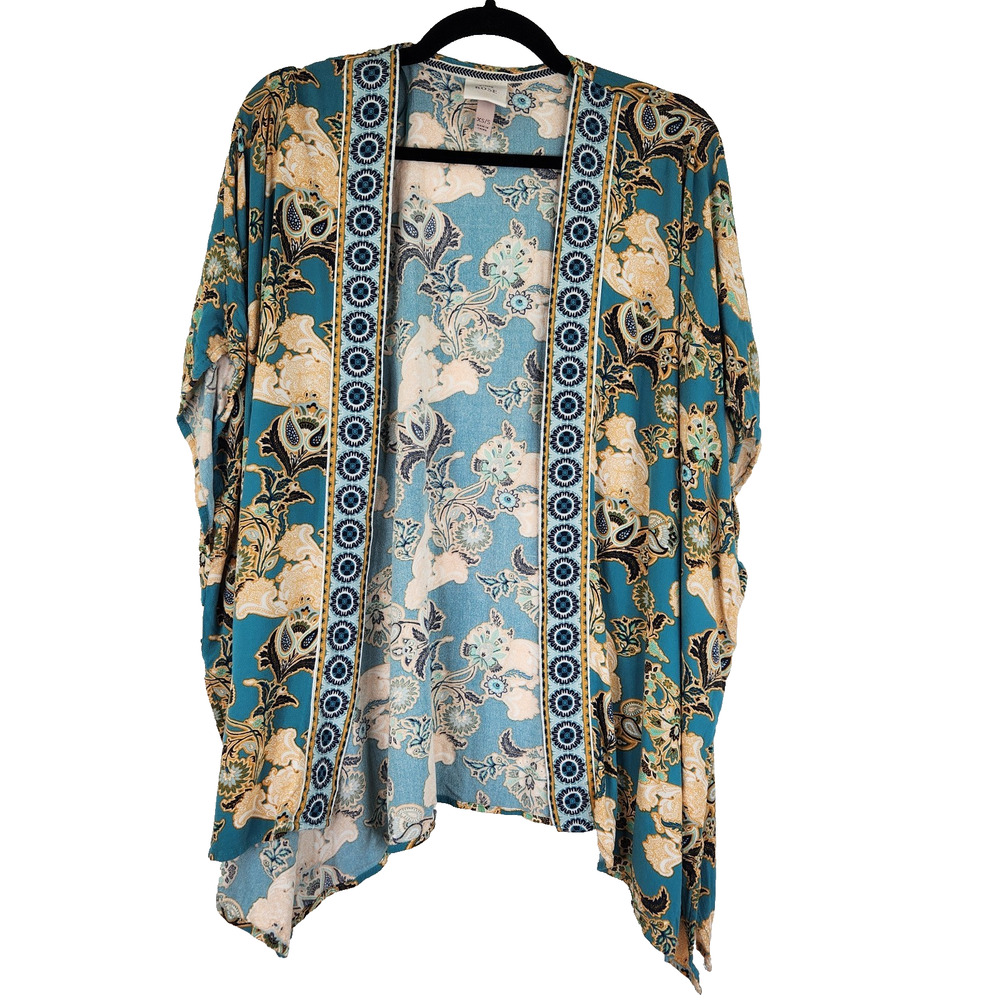 Knox Rose Teal Paisley Floral Bohemian Kimono Open Top Women's Size XS/S